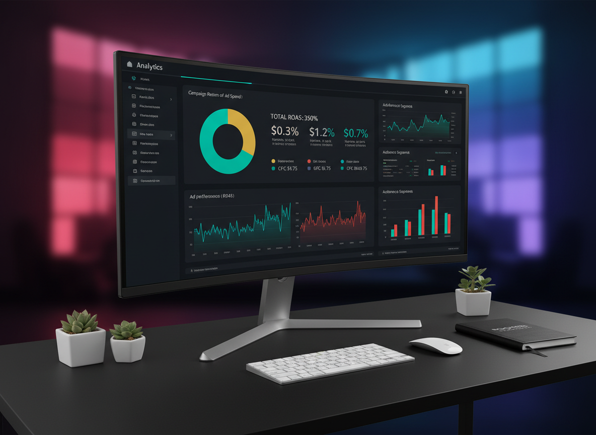 A sleek, ultra-wide computer monitor displays a vibrant analytics dashboard filled with colorful charts, campaign ROAS metrics, and ad performance graphs, all sharply rendered on a dark interface. The monitor sits on a matte black desk with a minimalist wireless keyboard and mouse, flanked by two small geometric planters and a branded notebook embossed with “RORO MEDIA”. Cool, directional studio lighting from the left creates crisp highlights on the screen’s edges and subtle reflections on the desk surface. The background fades into a soft bokeh of abstract LED-lit panels in bold reds and electric blues. Photographic realism, eye-level composition, and a shallow depth of field convey a bold, high-tech, results-driven atmosphere perfect for an online advertising agency hero image.